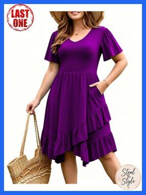 Plus Size V Neck Short Sleeve Ruffled Hem Flowy Maxi Dress